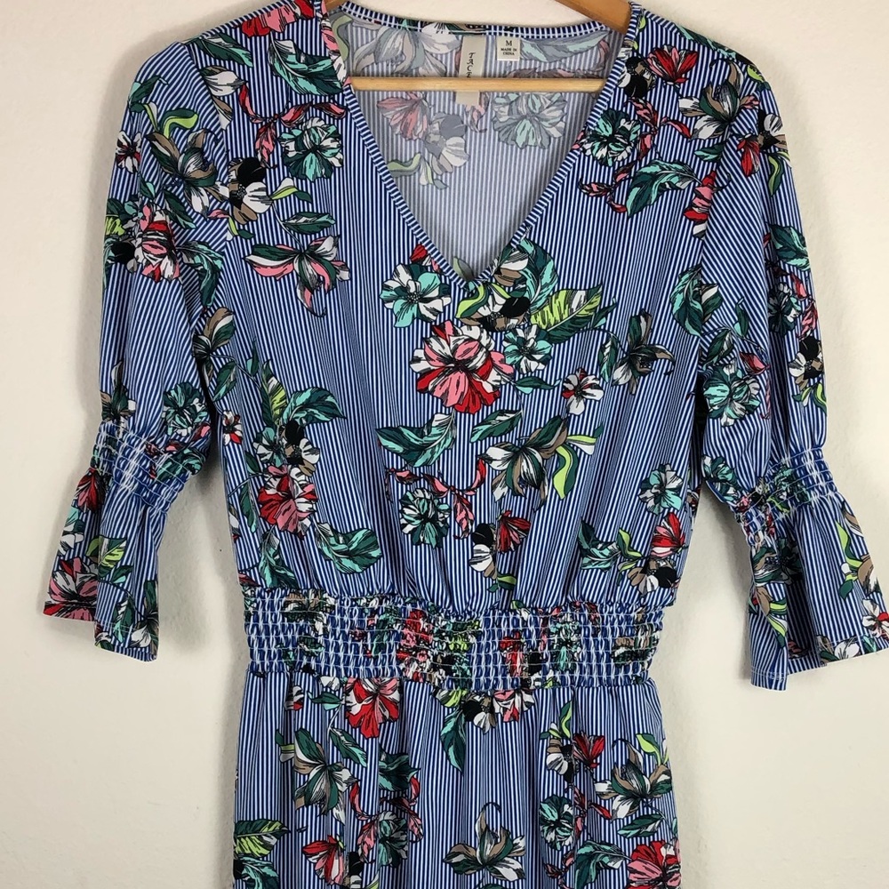 Floral striped cinched waist dress, size M
